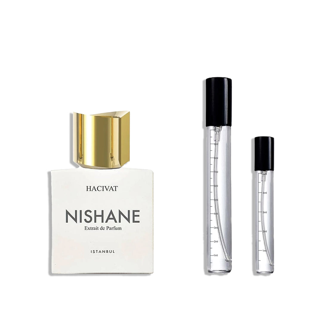 A boxed perfume bottle labeled 'NISHANE' with a gold-colored cap, alongside two glass decants for the fragrance.